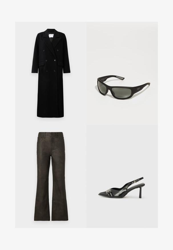 Zwarte wollen jas met een dubbelgebreid ontwerp, grote notch-lapels, voorzakken en zes bijpassende knopen. Lange, rechte snit.; Zwarte langslavige shirt met witte horizontale strepen, geribbelde textuur en een ronde halslijn. Slank ontwerp met een rechte zoom.; Bruine jeans van imitatieleer met een uitlopende pijp en een gladde textuur, voorzien van vijf zakken en een ritssluiting. Contrasterende stiksels langs de naden.; Zwarte gepolijste leren slingback schoenen met een puntige neus, enkelbandjes met zilveren gespen en hardware, en een slanke hak.; Zwarte zonnebril met een matte afwerking, grijs getinte lenzen, een breed montuur en subtiele branding aan de zijkant. Aerodynamisch ontwerp met slanke steunen.; Zwarte geweven leren handtas met ronde handvaten en een afneembare, kleinere tas. Heeft een gestructureerd oppervlak en een stevige vorm.