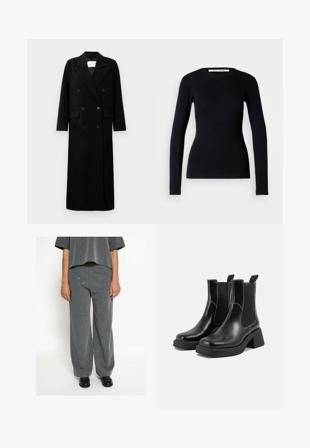 Mustat villakangastakki, jossa on kaksirivinen malli, suuret hammastetut kaulukset, etutaskut ja kuusi vastaavaa nappia. Pitkä, suora leikkaus.; Musta pitkähihaiset paita, joka on valmistettu ribatusta kankaasta. Siinä on pyöreä pääntie ja istuva muoto. Ei kuvioita tai koristeita. Yksinkertainen muotoilu.; Henkilö, jolla on päällään harmaat leveälahkeiset housut ja niihin sopiva pilkullinen toppi, mustat loafer-kengät, hopeisia sormuksia ja rannekoru, seisoo valkoista taustaa vasten.; Mustat nahkaiset Chelsea-kengät paksulla korolla, joustavilla sivupaneeleilla ja kontrastilla valkoisella ompelulla. Teksturoitu pinta.