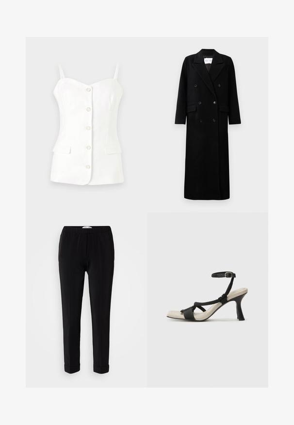 Czarny wełniany płaszcz o podwójnym zapięciu, z dużymi klapami, przednimi kieszeniami i sześcioma pasującymi guzikami. Długi, prosty krój.; Biała dopasowana kamizelka z regulowanymi ramiączkami spaghetti, z dekoltem sercowym, sześcioma guzikami i dwiema przednimi kieszeniami. Gładka tekstura.; Czarne spodnie o gładkiej fakturze, z elastycznym pasem i zwężającym się krojem. Posiadają podwinięte mankiety i czystą sylwetkę.; Czarne sandały na obcasie z plecionym paskiem, kwadratowym noskiem i regulowanym paskiem na kostkę. Jasnobeżowa wkładka z błyszczącym czarnym obcasem.