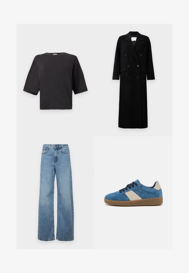 Black wool coat with a double-breasted design, large notched lapels, front pockets, and six matching buttons. Long, straight cut.; Black cropped t-shirt made of cotton, featuring a round neckline and short sleeves with a relaxed fit. Smooth texture, no patterns or accents.; Light blue wide-leg jeans made of denim, featuring a high waist, front pockets, and a classic five-pocket design, with subtle fading.; Blue suede sneaker with a beige leather accent, dark laces, and a textured gum sole; low-profile design with a rounded toe.