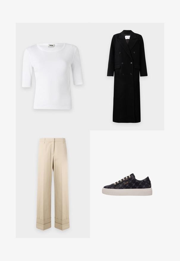 Mustat villakangastakki, jossa on kaksirivinen malli, suuret hammastetut kaulukset, etutaskut ja kuusi vastaavaa nappia. Pitkä, suora leikkaus.; Valkoinen ribbineule T-paita, jossa on pyöreä pääntie ja kyynärpäiden mittaiset hihat. Valmistettu pehmeästä materiaalista, jossa on sileä rakenne. Tagi näkyvissä pääntiellä.; Harmaat housut suoran leikkauksen omaavina, joissa on kaksinkertainen käänne helmoissa ja tasainen etuosan muotoilu. Valmistettu sileästä ja kestävästä kankaasta.; Mustat lenkkarit, joissa on kohokuvioitu, kuvioitu päällinen, jossa on hämähäkkiverkkoja. Valkoinen kumiulkopohja ja kultainen logo. Nauhakiinnitys.