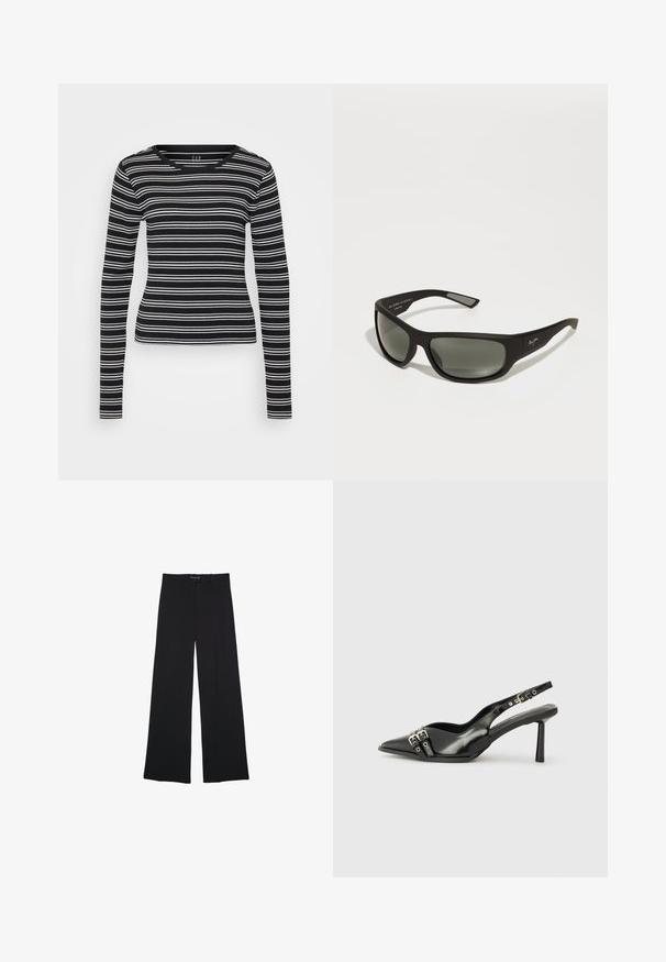 Schwarzer Wollmantel mit einem doppelt knöpfbaren Design, großen eingekerbten Revers, frontalen Taschen und sechs passenden Knöpfen. Langer, gerader Schnitt.; Schwarzes Langarmshirt mit weißen horizontalen Streifen, gerippter Struktur und rundem Ausschnitt. Figurumspielendes Design mit geradem Saum.; Schwarze weite Hosen aus einem glatten Stoff. Mit einem klassischen Schnitt, Vordertaschen und einem Bund mit Knopfverschluss.; Schwarzer Lackleder Slingback-Schuh mit spitzem Zehenbereich, Knöchelriemen mit silbernen Schnallen und Beschlägen sowie einem schlanken Absatz.; Schwarze Sonnenbrille mit matter Oberfläche, grau getönten Gläsern, breitem Rahmen und dezentem Branding an der Seite. Aerodynamisches Design mit eleganten Bügeln.; Schwarze geflochtene Lederhandtasche mit runden Griffen und einem abnehmbaren, kleineren Beutel. Hat eine strukturierte Oberfläche und eine klare Form.