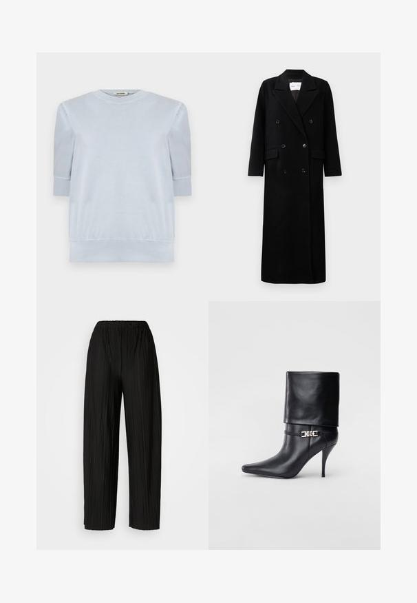 Černý vlněný kabát s dvouřadým zapínáním, velkými klopami, předními kapsami a šesti odpovídajícími knoflíky. Dlouhý, rovný střih.; Světle modrý pulovr z měkké tkaniny, s krátkými rukávy, kulatým výstřihem a žebrovanými manžetami a lemem. Celkově hladká textura.; Černé široké kalhoty se sklady a elastickým pasem. Tkanina má vertikální sklady a hladkou texturu.; Černé kožené kotníkové boty s špičatou špičkou, vysokým stiletto podpatkem, ohrnovací manžetou a zlatým ozdobným přezkovým detailem na kotníku.