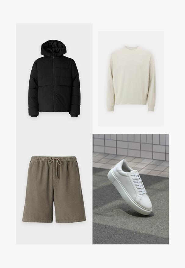 Melna pūkainā jaka ar rāvējslēdzēju priekšā, kapuci un horizontālu quiltēšanas dizainu. Izgatavota no gludas, izturīgas auduma ar ribotām piedurknēm.; Gaišs bežs džemperis, kas izgatavots no mīkstas auduma, ar noapaļotu kakla izgriezumu, garām piedurknēm un ribotām aprocēm un apakšmalu. Minimālistisks dizains, bez redzamām rakstām.; Olīvzaļa kokvilnas korduroja šorti ar teksturētām vertikālām svītrām, elastīga josta un regulējams šnēres, lai nodrošinātu komfortu.; Baltas ādas sporta apavi ar gludu virsmu, apaļu pirkstu un plakanām baltām šņorēm. Iezīmējas ar strukturētu gumijas zoli un minimālisma dizaina elementiem.