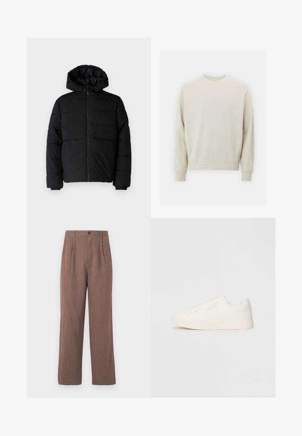 Zwarte pufferjack met een ritssluiting aan de voorkant, een capuchon en een horizontaal gestikt ontwerp. Gemaakt van een gladde, duurzame stof met ribgebreide manchetten.; Lichtbeige sweatshirt van zachte stof met een ronde hals, lange mouwen en geribbelde boorden en zoom. Minimalistisch ontwerp, geen zichtbare patronen.; Bruine, wijde broek gemaakt van gestructureerde stof, met plooien en een knoopsluiting in de taille. Gemaakt met een op maat gesneden ontwerp met strakke lijnen.; Witte instap sneakers met een gestructureerd oppervlak, een dikke zool en een minimalistisch ontwerp. Bevat het merklogo aan de zijkant.