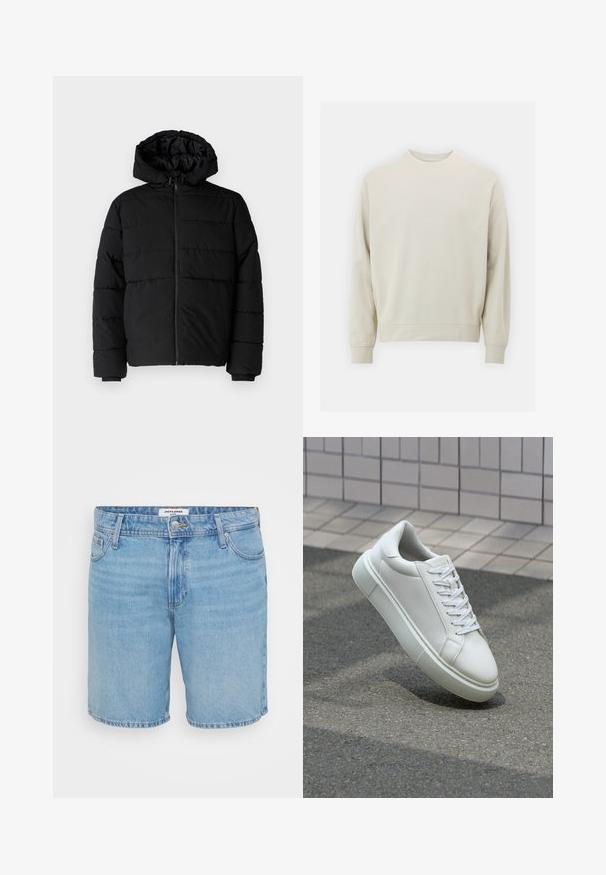 Melna pūkainā jaka ar rāvējslēdzēju priekšā, kapuci un horizontālu quiltēšanas dizainu. Izgatavota no gludas, izturīgas auduma ar ribotām piedurknēm.; Gaišs bežs džemperis, kas izgatavots no mīkstas auduma, ar noapaļotu kakla izgriezumu, garām piedurknēm un ribotām aprocēm un apakšmalu. Minimālistisks dizains, bez redzamām rakstām.; Gai zilu denima šorti ar klasisku piegriezumu, piecu kabatu dizains, ar pogu aizdari un smalku izbalējumu. Gluda tekstūra, ar šūtām malu apdari.; Baltas ādas sporta apavi ar gludu virsmu, apaļu pirkstu un plakanām baltām šņorēm. Iezīmējas ar strukturētu gumijas zoli un minimālisma dizaina elementiem.