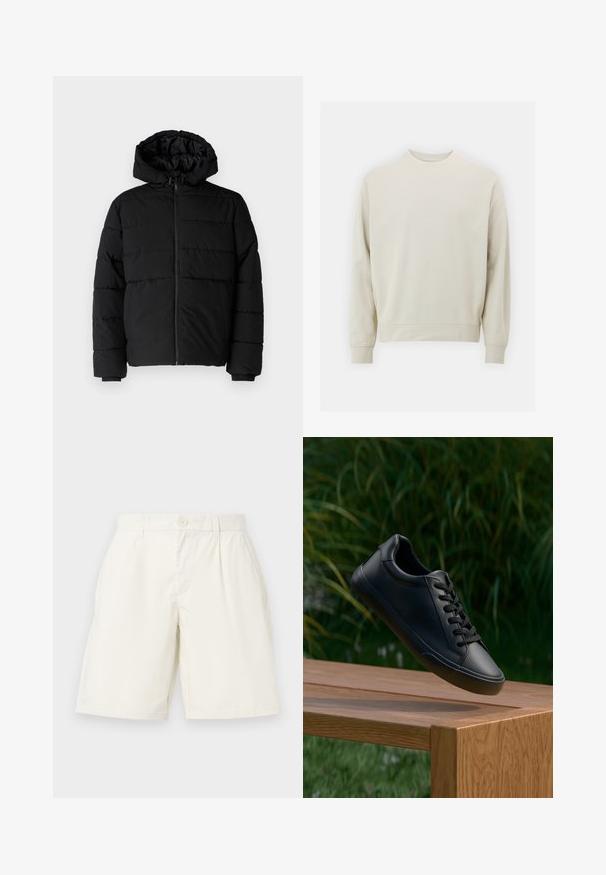 Doudoune noire avec fermeture éclair à l'avant, capuche et design matelassé horizontal. Fabriquée dans un tissu lisse et durable avec des poignets côtelés.; Sweatshirt beige clair en tissu doux avec un col rond, des manches longues et des poignets et un ourlet côtelés. Design minimaliste, sans motifs visibles.; Shorts en coton blanc à coupe droite, avec une fermeture à bouton et des poches latérales. Texture lisse et sans motifs visibles.; Sneaker en cuir noir avec une texture lisse, bout rond et lacets plats, positionné au-dessus d'une surface en bois avec de l'herbe verte en arrière-plan.