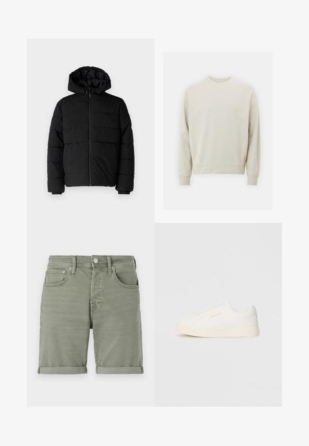 Melna pūkainā jaka ar rāvējslēdzēju priekšā, kapuci un horizontālu quiltēšanas dizainu. Izgatavota no gludas, izturīgas auduma ar ribotām piedurknēm.; Gaišs bežs džemperis, kas izgatavots no mīkstas auduma, ar noapaļotu kakla izgriezumu, garām piedurknēm un ribotām aprocēm un apakšmalu. Minimālistisks dizains, bez redzamām rakstām.; Zaļi denima šorti ar rullēto malu, ar priekšējām kabatām, pogu aizdari un nedaudz izbalējuši, lai radītu ikdienišķu izskatu.; Baltas slip-on sporta apavi ar teksturētu virsmu, biezu zoli un minimālistisku dizainu. Sānos redzams zīmola logotips.