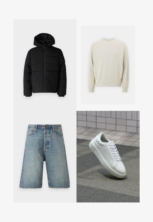 Chaqueta acolchada negra con cremallera frontal, capucha y diseño acolchado horizontal. Fabricada con un tejido suave y duradero con puños acanalados.; Sudadera de color beige claro, hecha de una tela suave, con cuello redondo, mangas largas y puños y dobladillo acanalados. Diseño minimalista, sin patrones visibles.; Shorts de mezclilla con un lavado azul claro, diseño de cinco bolsillos y corte recto. Tejido resistente con costuras visibles y cierre de botón.; Zapatilla de cuero blanca con una superficie lisa, punta redonda y cordones blancos planos. Presenta una suela de goma texturizada y elementos de diseño mínimos.