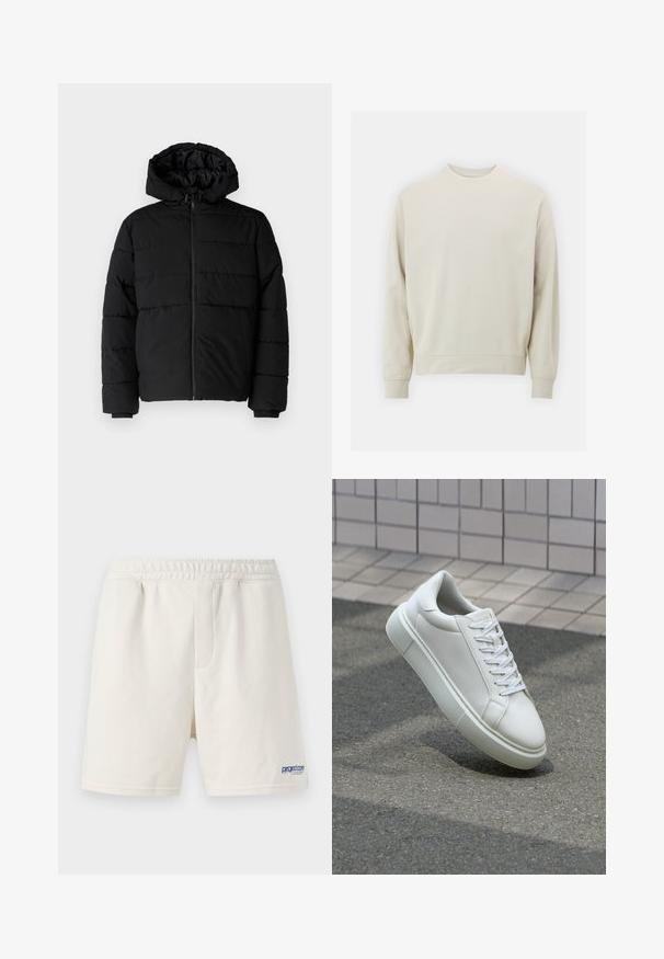 Melna pūkainā jaka ar rāvējslēdzēju priekšā, kapuci un horizontālu quiltēšanas dizainu. Izgatavota no gludas, izturīgas auduma ar ribotām piedurknēm.; Gaišs bežs džemperis, kas izgatavots no mīkstas auduma, ar noapaļotu kakla izgriezumu, garām piedurknēm un ribotām aprocēm un apakšmalu. Minimālistisks dizains, bez redzamām rakstām.; Krēmkrāsas šorti, kas izgatavoti no mīkstas kokvilnas maisījuma, ar elastīgu jostu un zilu logo apakšējā kreisajā stūrī.; Baltas ādas sporta apavi ar gludu virsmu, apaļu pirkstu un plakanām baltām šņorēm. Iezīmējas ar strukturētu gumijas zoli un minimālisma dizaina elementiem.