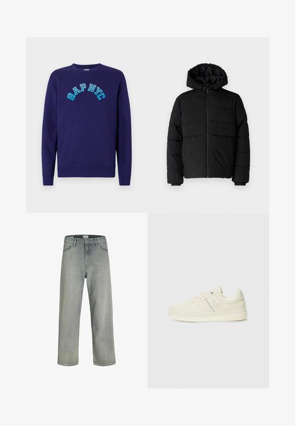 Svart puffjacka med dragkedja fram, huva och horisontellt quiltat mönster. Tillverkad av ett slätt, hållbart tyg med ribbade ärmslut.; Marinblå sweatshirt i bomull, med texten "GAP NYC" i ljusblå broderad båge på framsidan. Klassisk rund halsringning.; Ljust grå, löst sittande jeans av denim. Har en klassisk fem-fickorsdesign, bältesöglor och en rak benprofil.; Krämfärgad sneaker med perforerade detaljer, snören och logotyp på sidan, visad mot en enkel vit bakgrund.