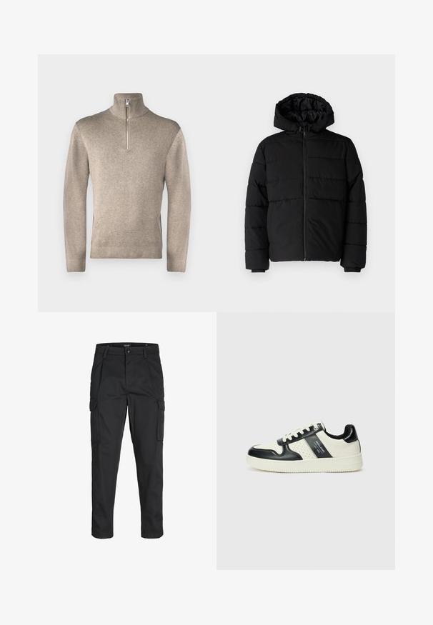 Doudoune noire avec fermeture éclair à l'avant, capuche et design matelassé horizontal. Fabriquée dans un tissu lisse et durable avec des poignets côtelés.; Jack & Jones PREMIUM JPRBLAMILANO HALF ZIP - Pullover - greige; Pantalons cargo noirs en tissu résistant, dotés de plusieurs poches, d'une fermeture par bouton et d'une coupe slim avec des jambes fuselées.; Baskets en cuir avec un schéma de couleurs noir et crème, dotées d'accents perforés, d'un col rembourré et d'une semelle texturée.
