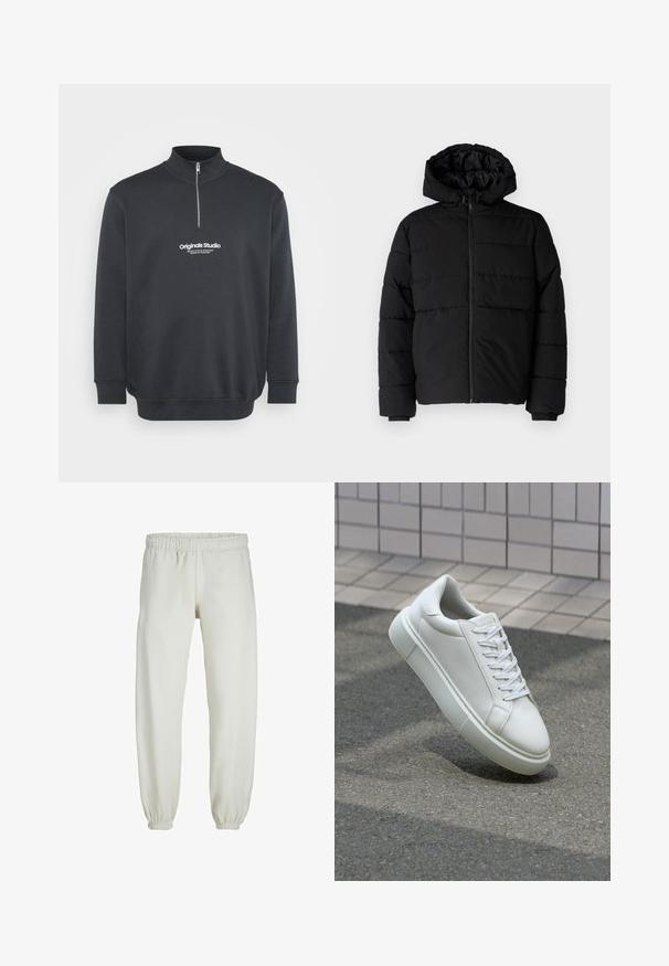 Black puffer jacket featuring a zip front, a hood, and horizontal quilted design. Made of a smooth, durable fabric with ribbed cuffs.; Jack & Jones JORVESTERBRO QUARTER ZIP - Sweatshirt - forest river; White sweatpants made from soft fabric, featuring an elastic waistband and cuffs, with a smooth texture and loose-fitting design.; White leather sneaker with a smooth surface, round toe, and flat white laces. Features a textured rubber sole and minimal design elements.