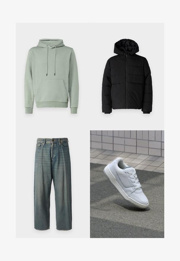 Melna pūkainā jaka ar rāvējslēdzēju priekšā, kapuci un horizontālu quiltēšanas dizainu. Izgatavota no gludas, izturīgas auduma ar ribotām piedurknēm.; Jack & Jones JJEBRADLEY HOOD - Ikdienas džemperis - iceberg green; Gaiši zili džinsi ar brīvu piegriezumu, vidējo jostas augstumu un taisnām kājām. Satur piecas kabatas, jostas cilpas un pogu aizdari.; Baltas ādas sporta apavi ar perforētiem sāniem, teksturētām akcentiem, plakanu šņorēšanu un kontrastējošu pelēku papēdi. Iezīmē nedaudz paaugstinātu zole.