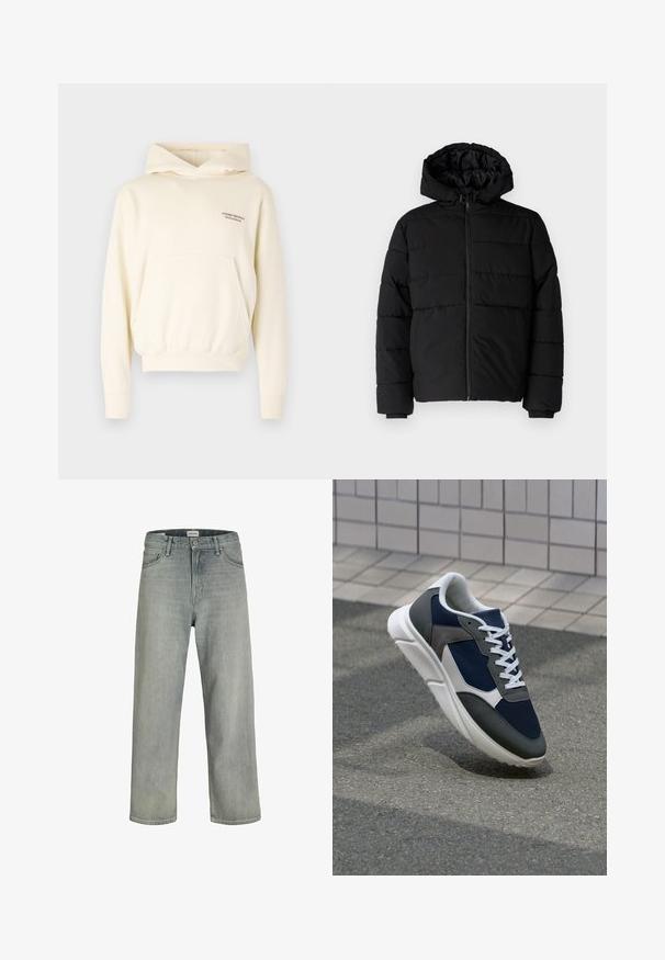 Zwarte pufferjack met een ritssluiting aan de voorkant, een capuchon en een horizontaal gestikt ontwerp. Gemaakt van een gladde, duurzame stof met ribgebreide manchetten.; Crème-kleurige hoodie met een voorste kangaroo zak, verstelbare trekkoordkap en logodetail geborduurd op de borst. Zachte stof.; Lichtgrijze, loszittende spijkerbroeken van denim. Beschikt over een klassiek vijf-pocket ontwerp, riemlussen en een rechte pijp silhoët.; Sneaker met een marineblauwe mesh bovenwerk, grijze suède accenten, witte rubberen zool en platte witte veters, ontworpen voor comfort en ademend vermogen.