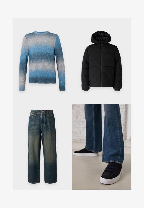 Casaco puffer preto com fecho de correr, capuz e design acolchoado horizontal. Feito de um tecido liso e durável com punhos canelados.; Suéter com degradê azul feito de material suave, apresentando um pescoço redondo, mangas longas e bainha canelada. As cores variam do azul claro ao azul escuro.; Calças de ganga azul com corte reto, apresentando um design desbotado com tons mais claros em direção à bainha, cinco bolsos e fecho com botão.; Tênis de camurça azul escuro com sola de borracha branca e atacadores, combinados com jeans de perna larga em um tom de azul médio.