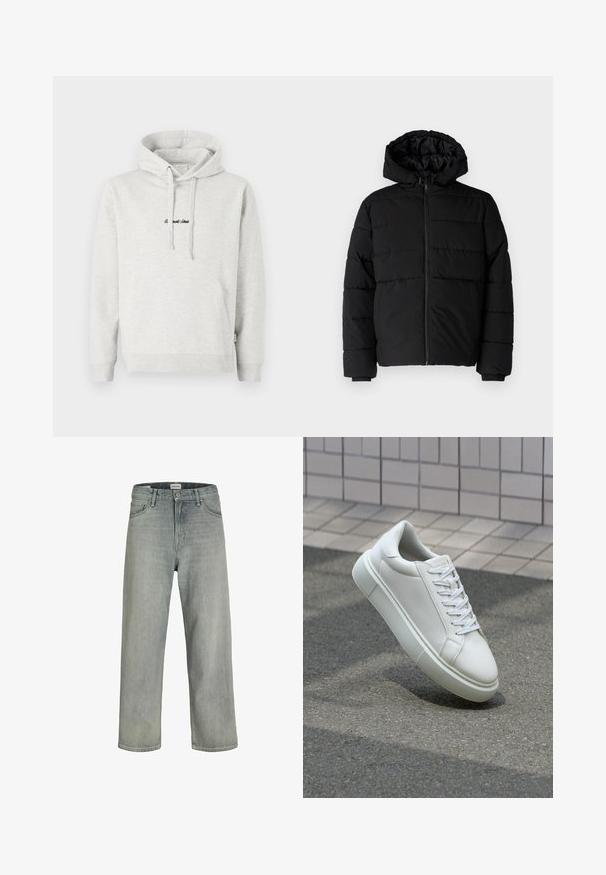 Schwarze Daunenjacke mit Reißverschluss vorne, Kapuze und horizontalem Steppmuster. Hergestellt aus einem glatten, strapazierfähigen Stoff mit gerippten Manschetten.; Hellgrauer Hoodie mit Kängurutasche, Kapuze mit Kordelzug und schwarzen gestickten Text auf der Vorderseite. Mischgewebe aus Baumwolle, gerippte Bündchen.; Hellgraue, locker sitzende Jeans aus Denim. Verfügt über ein klassisches Fünf-Taschen-Design, Gürtelschlaufen und eine gerade Bein-Silhouette.; Weiße Leder-Sneaker mit glatter Oberfläche, runder Zehenpartie und flachen weißen Schnürsenkeln. Verfügt über eine strukturierte Gummisohle und minimalistische Designelemente.