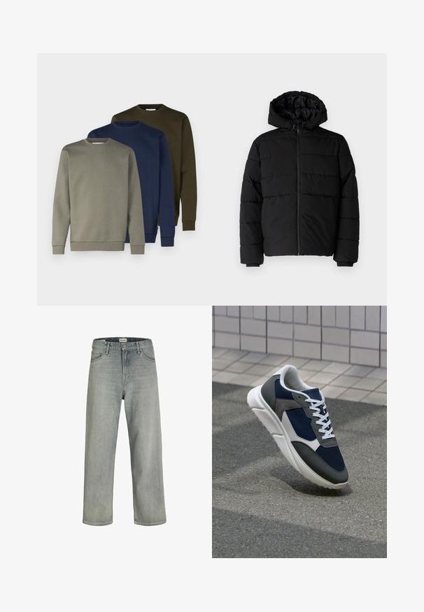 Casaco puffer preto com fecho de correr, capuz e design acolchoado horizontal. Feito de um tecido liso e durável com punhos canelados.; Três sweatshirts de gola redonda em verde-azeitona, azul-marinho e cinza-claro. Material em algodão com punhos e barra canelados. Textura suave, design simples.; Jeans soltos de cor cinza claro feitos de denim. Apresentam um design clássico de cinco bolsos, passadores para cinto e uma silhueta de perna reta.; Sapatilha com parte superior em malha azul-marinho, detalhes em camurça cinza, sola de borracha branca e atacadores brancos planos, projetada para conforto e respirabilidade.