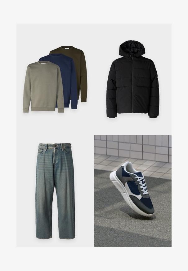Melna pūkainā jaka ar rāvējslēdzēju priekšā, kapuci un horizontālu quiltēšanas dizainu. Izgatavota no gludas, izturīgas auduma ar ribotām piedurknēm.; Trīs crewneck džemperi olīvu zaļā, jūras zilā un gaiši pelēkā krāsā. Kokvilnas materiāls ar elastīgām aprocēm un apakšmalu. Gluda tekstūra, vienkāršs dizains.; Gaiši zili džinsi ar brīvu piegriezumu, vidējo jostas augstumu un taisnām kājām. Satur piecas kabatas, jostas cilpas un pogu aizdari.; Sporta apavi ar tumši zilas krāsas tīkla augšdaļu, pelēku zamšādas akcentiem, baltu gumijas zoli un plakaniem baltiem šņorēm, kas izstrādāti komfortam un elpojamībai.