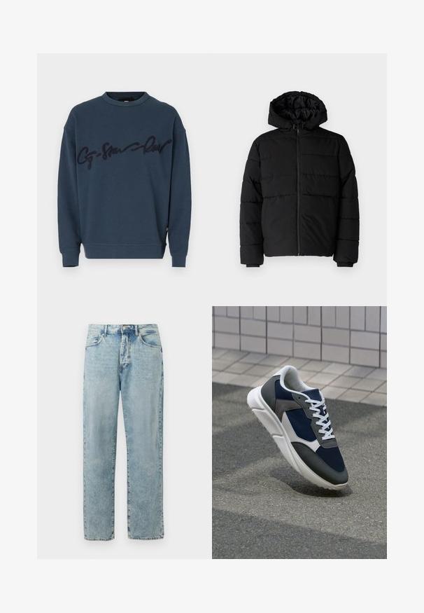 Chaqueta acolchada negra con cremallera frontal, capucha y diseño acolchado horizontal. Fabricada con un tejido suave y duradero con puños acanalados.; Sudadera azul marino con cuello redondo y puños acanalados, que presenta un logotipo de guion en relieve de un tono azul oscuro en el pecho. Textura de tela suave.; Jeans de mezclilla de pierna recta en azul claro con cierre de botón y cremallera, bolsillos frontales y un sutil desgastado.; Zapatillas con una parte superior de malla azul marino, detalles en gamuza gris, suela de goma blanca y cordones blancos planos, diseñadas para la comodidad y transpirabilidad.