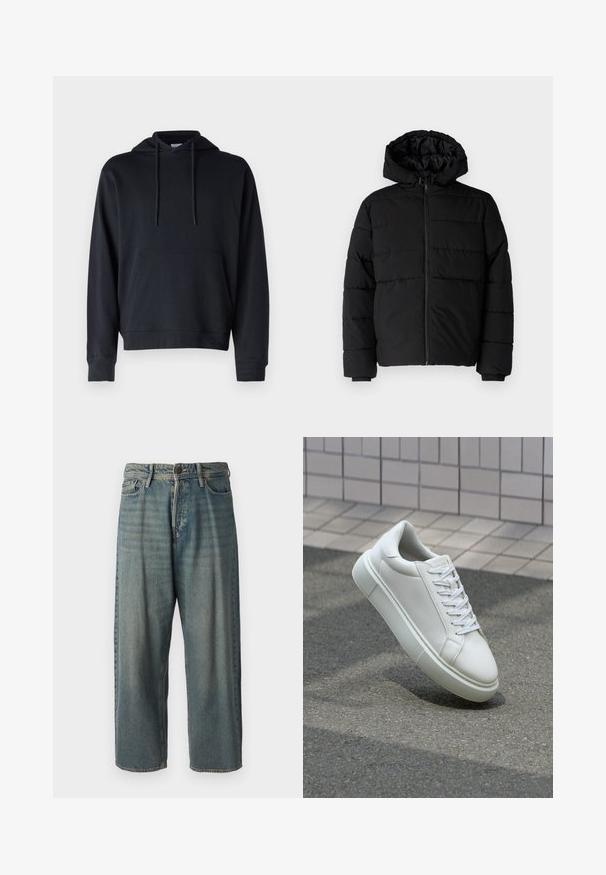Černá péřová bunda s předním zipem, kapucí a vodorovným prošíváním. Vyrobena z hladké a odolné látky s žebrovanými manžetami.; Černá mikina s kapucí vyrobená z bavlněné směsové tkaniny, s klokankou, nastavitelnými šňůrkami a žebrovanými manžetami a lemem. Jednoduchý design.; Světle modré denimové džíny s volným střihem, středně vysokým pasem a rovnými nohavicemi. Obsahují pět kapes, poutka na opasek a zapínání na knoflík.; Bílé kožené tenisky s hladkým povrchem, kulatou špičkou a plochými bílými tkaničkami. Disponují texturovanou gumovou podrážkou a minimálními designovými prvky.