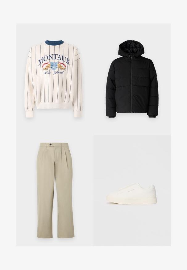 Černá péřová bunda s předním zipem, kapucí a vodorovným prošíváním. Vyrobena z hladké a odolné látky s žebrovanými manžetami.; Abercrombie & Fitch Golf Graphic Crew Sweatshirt - Mikina - white; Beige kalhoty s volným střihem, s plisováním, zapínáním na knoflík, bočními kapsami a rovnými nohavicemi. Hladká struktura materiálu.; Bílé slip-on tenisky s texturovaným povrchem, silnou podešví a minimalistickým designem. Na boku je umístěno logo značky.