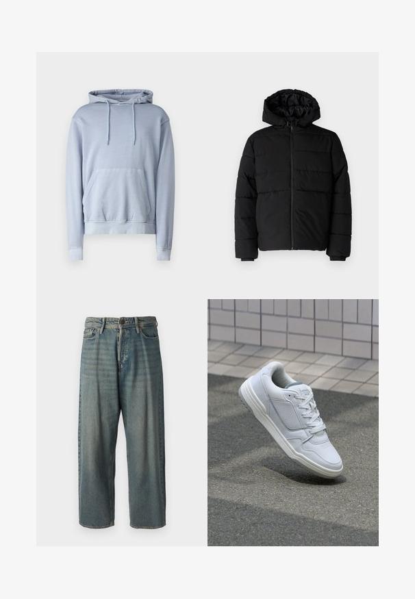 Juodas pūkinis švarkas su užtrauktuku priekyje, gaubtu ir horizontaliai siuvinėtu dizainu. Pagamintas iš lygaus, tvirto audinio su raukiniais ant rankovių.; Šviesiai mėlynas gobtuvas, pagamintas iš minkštos medžiagos, su priekinėje kišenėje, su virvute reguliuojamu gobtuvu ir raukšlėmis ant rankovių bei apačios. Lygus, paprastas dizainas be raštų.; Šviesiai mėlyni džinsai su laisvu siluetu, vidutinio aukščio juosmeniu ir tiesiomis kojomis. Su penkiais kišenėmis, diržo kilpo ir mygtukų uždarymu.; Baltos odinės sportinės bateliai su perforuotais šonais, tekstūruotais akcentais, plokščiomis raištelėmis ir kontrastingu pilku kulnu. Yra šiek tiek pakelti padas.