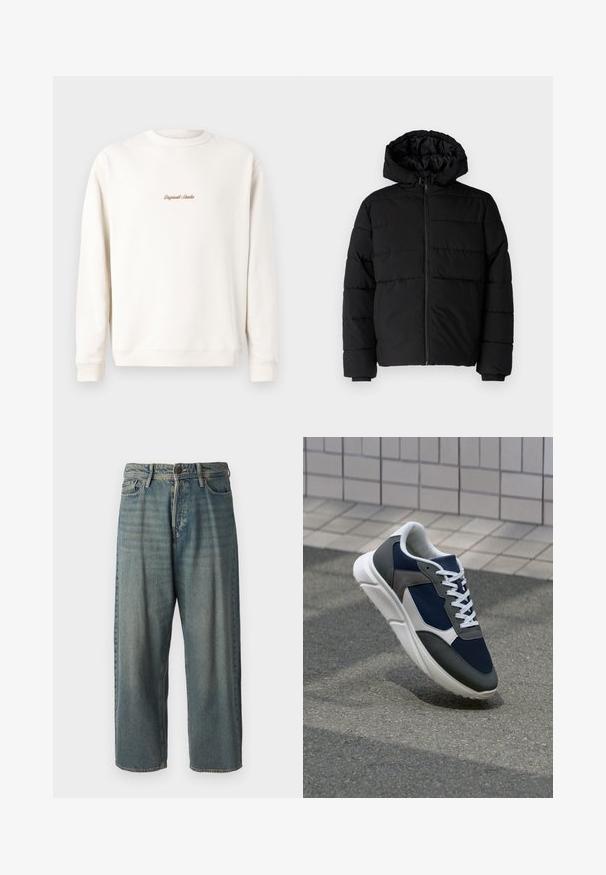 Casaco puffer preto com fecho de correr, capuz e design acolchoado horizontal. Feito de um tecido liso e durável com punhos canelados.; Sweatshirt de cor creme com decote redondo e punhos canelados. Apresenta um pequeno bordado dourado "Original Studio" no peito. Textura suave.; Jeans de ganga azul claro com um corte solto, cintura média e pernas retas. Apresenta cinco bolsos, passadores de cinto e fecho com botão.; Sapatilha com parte superior em malha azul-marinho, detalhes em camurça cinza, sola de borracha branca e atacadores brancos planos, projetada para conforto e respirabilidade.