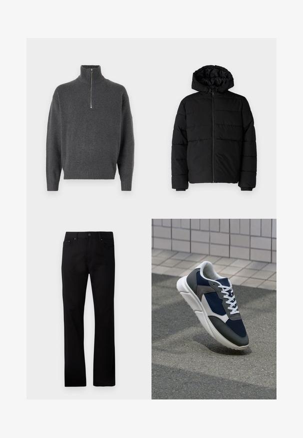 Doudoune noire avec fermeture éclair à l'avant, capuche et design matelassé horizontal. Fabriquée dans un tissu lisse et durable avec des poignets côtelés.; Jack & Jones JOROLLIE HALF ZIP - Pullover - iron gate; Jean noir à jambe droite en denim, avec une fermeture à bouton à l'avant, deux poches latérales et une texture lisse.; Baskets avec une tige en mesh bleu marine, des accents en suède gris, une semelle en caoutchouc blanc et des lacets plats blancs, conçues pour le confort et la respirabilité.