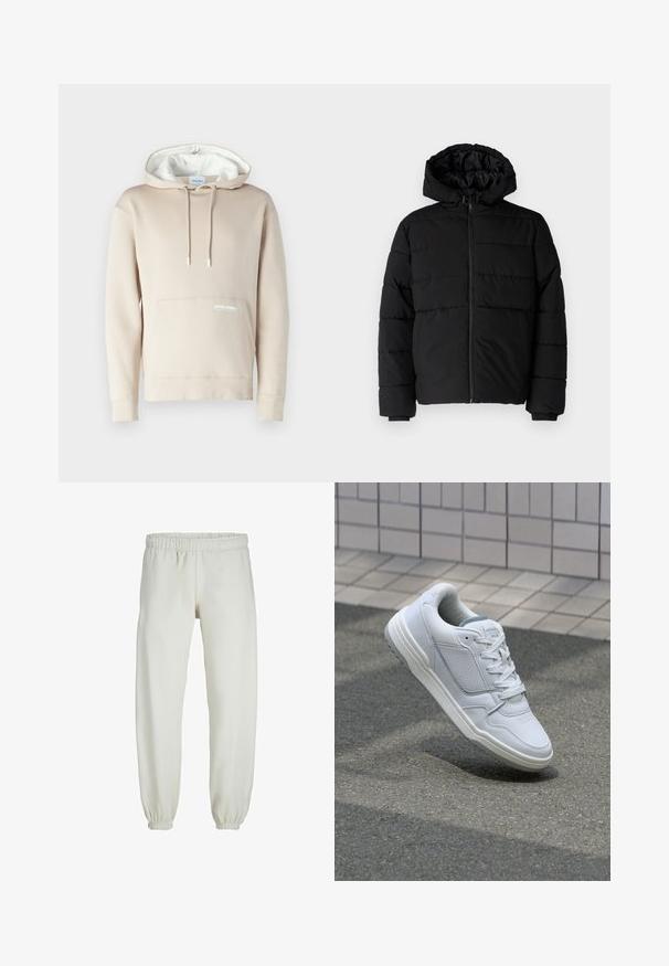 Černá péřová bunda s předním zipem, kapucí a vodorovným prošíváním. Vyrobena z hladké a odolné látky s žebrovanými manžetami.; Béžová mikina s kapucí se bílým lemováním, šňůrkami a přední kapsou. Má decentní logo na kapse. Vyrobena z měkké látky.; Bílé tepláky vyrobené z měkkého materiálu, s elastickým pasem a manžetami, s hladkou texturou a volným střihem.; Bílé kožené tenisky s perforovanými stranami, texturovanými detaily, plochými tkaničkami a kontrastní šedou patou. Mají mírně zvýšenou podrážku.