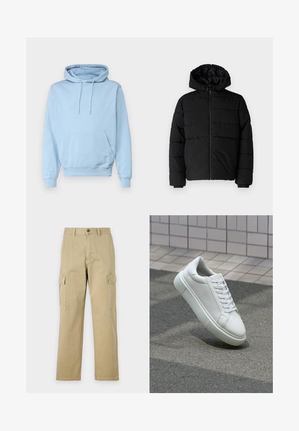 Casaco puffer preto com fecho de correr, capuz e design acolchoado horizontal. Feito de um tecido liso e durável com punhos canelados.; Sweatshirt capuz azul-claro feito de tecido macio, com um bolso frontal tipo canguru e capuz com cordão. Punhos e barra canelados.; Calças cargo bege feitas de algodão, com dois bolsos laterais, fecho de botão e pernas retas com um tecido ligeiramente texturizado.; Tênis de couro branco com superfície lisa, bico redondo e cadarços brancos planos. Apresenta uma sola de borracha texturizada e elementos de design minimalistas.