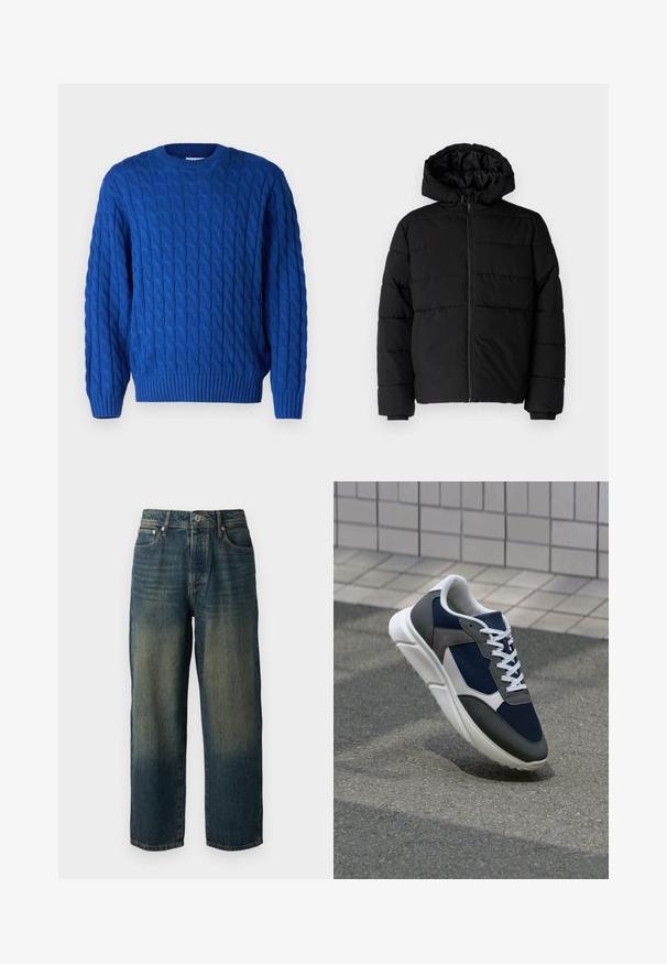 Doudoune noire avec fermeture éclair à l'avant, capuche et design matelassé horizontal. Fabriquée dans un tissu lisse et durable avec des poignets côtelés.; Pull bleu en tricot torsadé avec un col rond, des poignets et un ourlet côtelés, et un motif texturé sur l'ensemble du tissu.; Jeans en denim bleu à coupe droite, avec un design délavé et des teintes plus claires vers l'ourlet, cinq poches et une fermeture à bouton.; Baskets avec une tige en mesh bleu marine, des accents en suède gris, une semelle en caoutchouc blanc et des lacets plats blancs, conçues pour le confort et la respirabilité.