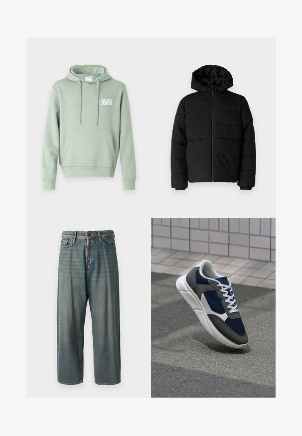 Black puffer jacket featuring a zip front, a hood, and horizontal quilted design. Made of a smooth, durable fabric with ribbed cuffs.; Jack & Jones JJECORP LOGO HOOD - Hoodie - iceberg green; Light blue denim jeans with a loose fit, mid-rise waist, and straight legs. Features five pockets, belt loops, and a button closure.; Sneaker featuring a navy blue mesh upper, gray suede accents, white rubber sole, and flat white laces, designed for comfort and breathability.