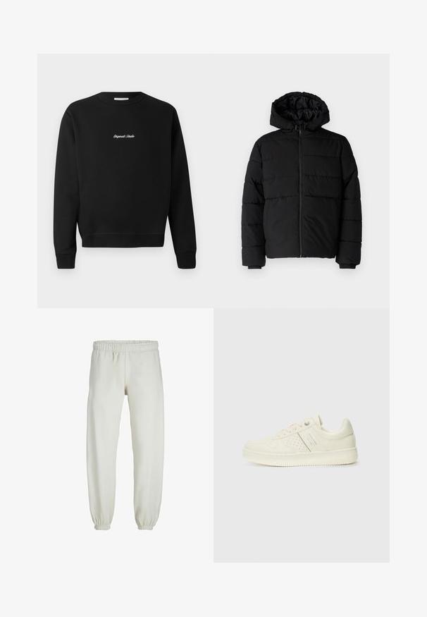 Fekete puff dzseki cipzárral elöl, kapucnival és vízszintes steppelt mintázattal. Simább, tartós anyagból készült, bordázott mandzsettákkal.; Fekete pulóver lekerekített nyakú, hosszú ujjú és bordás mandzsettájú, az elején fehér hímezett "Original Studio" felirattal.; Fehér melegítőnadrág, puha anyagból készült, rugalmas derékrésszel és mandzsettával, sima tapintású és laza szabású.; Krém színű sneaker perforált részletekkel, fűzőkkel és logóval az oldalán, egy sima fehér háttér előtt kiállítva.