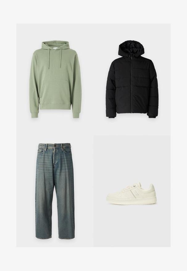 Čierna puff jacket s predným zipsom, kapucňou a horizontálnym prešívaním. Vyrobená z hladkej, odolnej tkaniny s rebrovanými manžetami.; Mikina s kapucňou v svetlozelenej bavlnenej zmesi, s dlhými rukávmi, predným vreckom a šnúrkou na nastaviteľné prispôsobenie.; Svetlomodré denimové nohavice so voľným strihom, stredne vysokým pásom a rovnými nohavicami. Obsahujú päť vreciek, pútka na opasok a zapínanie na gombík.; Krémová teniska s perforovanými detailmi, šnúrkami a logom na boku, vystavená na jednoduchej bielej pozadí.