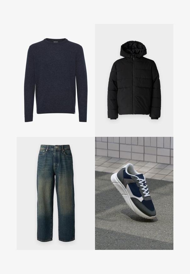 Juodas pūkinis švarkas su užtrauktuku priekyje, gaubtu ir horizontaliai siuvinėtu dizainu. Pagamintas iš lygaus, tvirto audinio su raukiniais ant rankovių.; Tamsiai mėlynas megztinis, pagamintas iš minkštos, tekstūruotos medžiagos. Su apvaliu kaklu, ilgomis rankovėmis ir neryškiomis rankogaliais bei apdaila. Paprastas dizainas.; Mėlyni džinsai su tiesiu kirpimu, turintys išblukusį dizainą su šviesesnėmis atspalviais link apvado, penkios kišenės ir mygtukų uždarymas.; Sportiniai bateliai su tamsiai mėlynu tinkliniu viršumi, pilkais zomšiniais akcentais, balta guma padanga ir plokščiomis baltomis raištelėmis, sukurti komfortui ir oro pralaidumui.