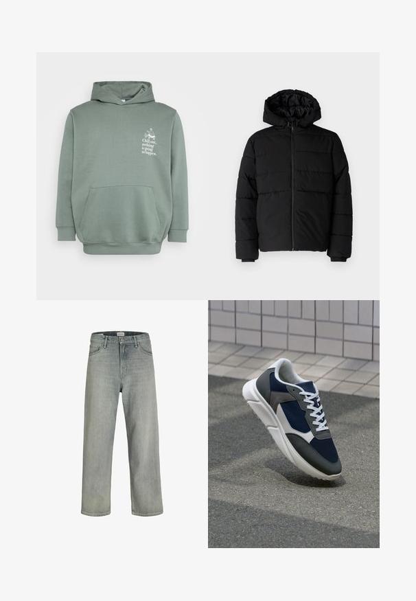 Sort pufferjakke med lynlås foran, hætte og vandret quiltet design. Lavet af et glat og holdbart stof med ribbede manchetter.; Lysegrøn hættebluse lavet af blødt stof. Har en frontlomme, en hætte med snor og trykt tekst med et grafisk design på brystet.; Lysegrå, løstsiddende jeans lavet af denim. Har et klassisk fem-lomme design, bæltestropper og en lige ben silhuet.; Sneakers med en overdel i marineblå mesh, grå suedeteksturer, hvid gummisål og flade hvide snørebånd, designet til komfort og åndbarhed.