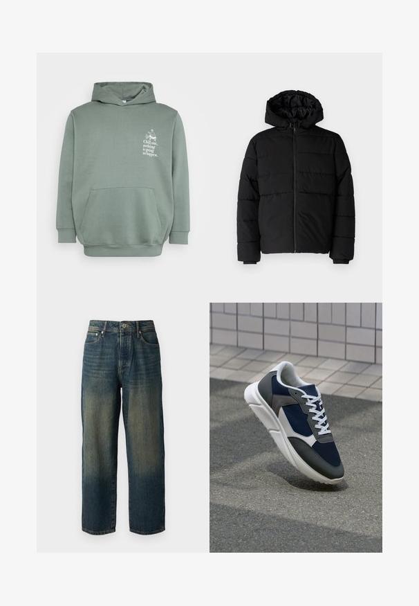 Juodas pūkinis švarkas su užtrauktuku priekyje, gaubtu ir horizontaliai siuvinėtu dizainu. Pagamintas iš lygaus, tvirto audinio su raukiniais ant rankovių.; Šviesiai žalia pūkinė striukė, pagaminta iš minkštos medžiagos. Ji turi priekinį kišenę, suvarstomą gobtuvą ir krūtinėje atspausdintą tekstą su grafiniu dizainu.; Mėlyni džinsai su tiesiu kirpimu, turintys išblukusį dizainą su šviesesnėmis atspalviais link apvado, penkios kišenės ir mygtukų uždarymas.; Sportiniai bateliai su tamsiai mėlynu tinkliniu viršumi, pilkais zomšiniais akcentais, balta guma padanga ir plokščiomis baltomis raištelėmis, sukurti komfortui ir oro pralaidumui.