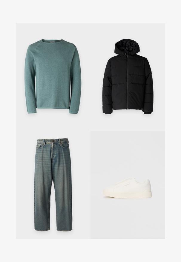 Jachetă puffer neagră cu fermoar în față, glugă și un design matlasat orizontal. Fabricată dintr-un material neted și rezistent, cu manșete ribbate.; Jack & Jones JJEHILL CREW NECK - Pulover - goblin blue; Jeans din denim bleu deschis, cu o croială lejeră, talie medie și picioare drepte. Au cinci buzunare, bucle pentru curea și închidere cu nasture.; Tenisi albi slip-on cu o suprafață texturată, talpă groasă și un design minimalist. Prezintă logo-ul brandului pe lateral.