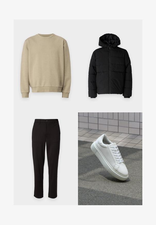 Casaco puffer preto com fecho de correr, capuz e design acolchoado horizontal. Feito de um tecido liso e durável com punhos canelados.; Sweatshirt bege com decote redondo, punhos e barra canelados. Feito de um tecido macio, com uma textura suave e um design minimalista.; Calças pretas feitas de tecido leve, com perna reta, fecho frontal com botão, passadores de cinto e bolsos laterais.; Tênis de couro branco com superfície lisa, bico redondo e cadarços brancos planos. Apresenta uma sola de borracha texturizada e elementos de design minimalistas.