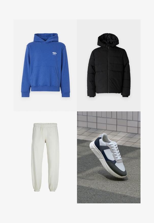 Chaqueta acolchada negra con cremallera frontal, capucha y diseño acolchado horizontal. Fabricada con un tejido suave y duradero con puños acanalados.; Sudadera con capucha azul de algodón, con un bolsillo frontal tipo canguro, puños y dobladillo de canalé, y un pequeño logo en el área del pecho. Textura de tela suave.; Pantalones de chándal blancos hechos de una tela suave, con cinturilla y puños elásticos, que presentan una textura suave y un diseño holgado.; Zapatilla blanca, azul marino y gris con un diseño de materiales mixtos, que presenta una parte superior texturizada, cordones planos y una suela acolchada.