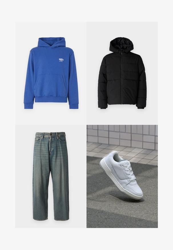 Melna pūkainā jaka ar rāvējslēdzēju priekšā, kapuci un horizontālu quiltēšanas dizainu. Izgatavota no gludas, izturīgas auduma ar ribotām piedurknēm.; Zila kokvilnas kapuce ar priekšējo kabatu, ribotiem piedurkņu galiem un apakšmalu, kā arī mazu logotipu krūšu daļā. Mīksta auduma tekstūra.; Gaiši zili džinsi ar brīvu piegriezumu, vidējo jostas augstumu un taisnām kājām. Satur piecas kabatas, jostas cilpas un pogu aizdari.; Baltas ādas sporta apavi ar perforētiem sāniem, teksturētām akcentiem, plakanu šņorēšanu un kontrastējošu pelēku papēdi. Iezīmē nedaudz paaugstinātu zole.
