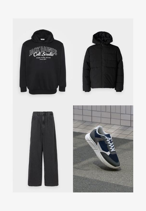 Svart boblejakke med glidelås foran, hette og horisontalt quiltet design. Laget av et glatt, slitesterkt stoff med ribbede cuffs.; Svart hettegenser med snor og ribbede mansjetter. Har hvit tekstlogo "JACK & JONES Coll. Studio" sentrert på forsiden.; Bredde ben, høy midje svarte dongeri bukser med knapp og glidelås foran, med sidelommer og en glatt tekstur.; Sneakers med en navy blå mesh-overdel, grå sømværk, hvit gummisåle og flate hvite snører, designet for komfort og pusteevne.