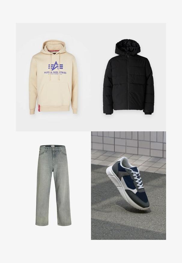 Svart boblejakke med glidelås foran, hette og horisontalt quiltet design. Laget av et glatt, slitesterkt stoff med ribbede cuffs.; Beige hettegenser med et stort lilla "Alpha Industries"-logo og designelementer. Inkluderer en frontlomme og rød etikett på kanten.; Lys grå, løstsittende jeans laget av denim. Har en klassisk fem-lomme-design, beltehemper og en rett ben-silhuett.; Sneakers med en navy blå mesh-overdel, grå sømværk, hvit gummisåle og flate hvite snører, designet for komfort og pusteevne.