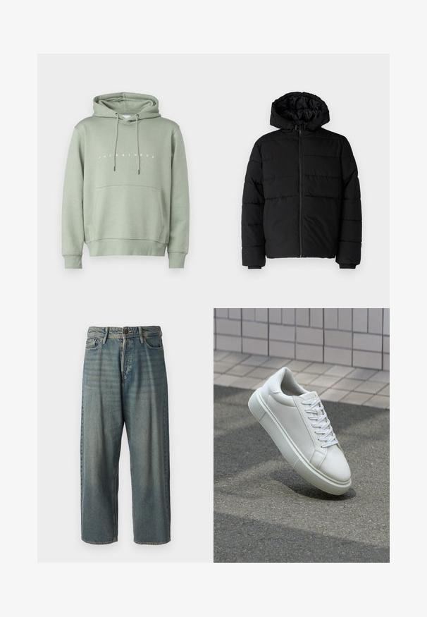 Melna pūkainā jaka ar rāvējslēdzēju priekšā, kapuci un horizontālu quiltēšanas dizainu. Izgatavota no gludas, izturīgas auduma ar ribotām piedurknēm.; Gaiši zaļš kapucis ar priekšējo kabatu, regulējamu šņoru kapuci un baltu "JACK & JONES" logo krūšu daļā. Viegla tekstūra.; Gaiši zili džinsi ar brīvu piegriezumu, vidējo jostas augstumu un taisnām kājām. Satur piecas kabatas, jostas cilpas un pogu aizdari.; Baltas ādas sporta apavi ar gludu virsmu, apaļu pirkstu un plakanām baltām šņorēm. Iezīmējas ar strukturētu gumijas zoli un minimālisma dizaina elementiem.