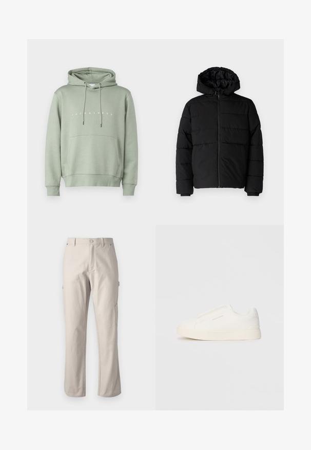 Melna pūkainā jaka ar rāvējslēdzēju priekšā, kapuci un horizontālu quiltēšanas dizainu. Izgatavota no gludas, izturīgas auduma ar ribotām piedurknēm.; Gaiši zaļš kapucis ar priekšējo kabatu, regulējamu šņoru kapuci un baltu "JACK & JONES" logo krūšu daļā. Viegla tekstūra.; Bežīgas kravas bikses, izgatavotas no izturīgas kokvilnas, ar taisnām kājām, priekšējo pogu aizdari un sānu kabatām praktiskai lietošanai. Gluda tekstūra ar smalku šuvumu.; Baltas slip-on sporta apavi ar teksturētu virsmu, biezu zoli un minimālistisku dizainu. Sānos redzams zīmola logotips.