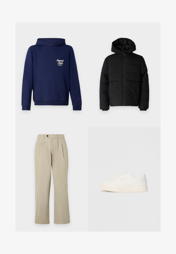 Casaco puffer preto com fecho de correr, capuz e design acolchoado horizontal. Feito de um tecido liso e durável com punhos canelados.; Sweatshirt azul-marinho com um bolso canguru na frente, punhos canelados e um logotipo no peito. Feito de tecido suave com uma textura lisa.; Calças bege com corte descontraído, apresentando pregas, fecho de botão, bolsos laterais e pernas retas. Textura de tecido suave.; Sapatilhas brancas de atacar com uma superfície texturizada, sola grossa e design minimalista. Possui o logo da marca na lateral.