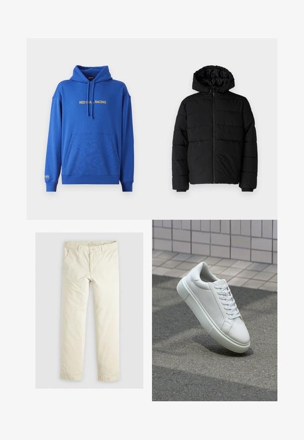 Schwarze Daunenjacke mit Reißverschluss vorne, Kapuze und horizontalem Steppmuster. Hergestellt aus einem glatten, strapazierfähigen Stoff mit gerippten Manschetten.; Blaues Hoodie mit einer vorderen Kängurutasche, verstellbarem Kordelzug an der Kapuze und gelbem "RED BULL RACING"-Text auf der Brust. Weicher Stoff.; Helle beigefarbene, lässig geschnittene Hose mit drei Taschen, Gürtelschlaufen und geradem Bein. Hergestellt aus einem weichen Baumwoll-Mix.; Weiße Leder-Sneaker mit glatter Oberfläche, runder Zehenpartie und flachen weißen Schnürsenkeln. Verfügt über eine strukturierte Gummisohle und minimalistische Designelemente.