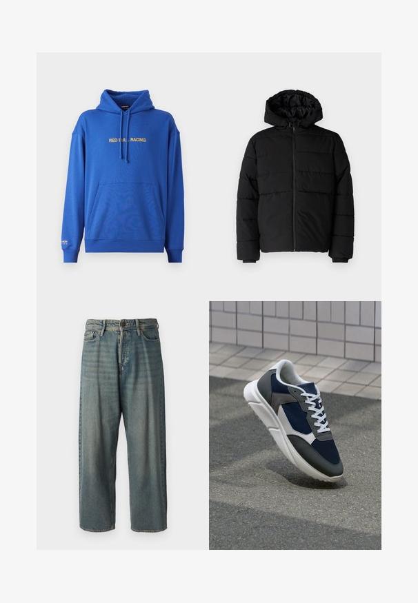 Melna pūkainā jaka ar rāvējslēdzēju priekšā, kapuci un horizontālu quiltēšanas dizainu. Izgatavota no gludas, izturīgas auduma ar ribotām piedurknēm.; Zils džemperis ar priekšējo kangaroo kabatu, regulējamu kapuci ar auklu un "RED BULL RACING" tekstu dzeltenā krāsā uz krūtīm. Mīksta auduma.; Gaiši zili džinsi ar brīvu piegriezumu, vidējo jostas augstumu un taisnām kājām. Satur piecas kabatas, jostas cilpas un pogu aizdari.; Sporta apavi ar tumši zilas krāsas tīkla augšdaļu, pelēku zamšādas akcentiem, baltu gumijas zoli un plakaniem baltiem šņorēm, kas izstrādāti komfortam un elpojamībai.