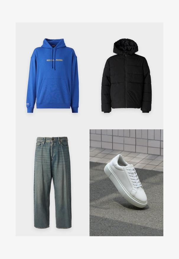 Crni puffer kaput s patentnim zatvaračem sprijeda, kapuljačom i horizontalnim šavovima. Izrađen od glatkog, izdržljivog materijala s rebrastim manžetama.; Plava dukserica s prednjim kenguruh džepom, podesivom kapuljačom s vezicom i natpisom "RED BULL RACING" u žutoj boji duž prsnog dijela. Mekan materijal.; Svijetloplave traperice s širokim krojem, srednjim pojasom i ravnim nogavicama. Ima pet džepova, petlje za remen i kopčanje na gumb.; Bijela kožna tenisica s glatkom površinom, okruglim vrhom i ravnim bijelim vezicama. Ima teksturiran gumeni potplat i minimalne dizajnerske elemente.